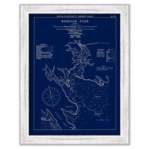 May include: A vintage nautical chart of Wareham River, Massachusetts, printed in white on a dark blue background. The chart includes details of the river's waterways, islands, and depths. The title "Wareham River" is printed at the top of the chart.