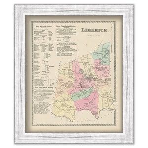 May include: An antique map of Limerick, Pennsylvania, from 1855. The map is printed in black and white with colored districts. The map includes a key with the names of the districts and a list of businesses and residents.