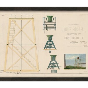 JONES FOG BELL erected at Cape Elizabeth, Maine in 1853  - Drawing and Plan