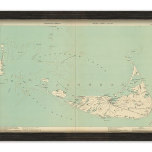 May include: A vintage map of the island of Nantucket, Massachusetts. The map is printed on a light blue background with brown lines and text. The map shows the coastline, roads, and towns of the island. The title of the map is "MASSACHUSETTS. ATLAS PLATE No. 19."