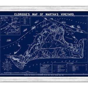 May include: A vintage blue and white map of Martha's Vineyard, Massachusetts, by Eldridge. The map shows the island's coastline, towns, and roads. It includes a compass rose and a key with points of interest.