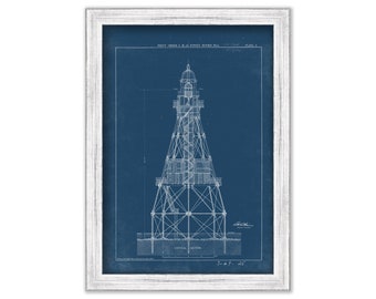 FOWEY ROCK LIGHTHOUSE, Miami, Florida  - Blueprint Drawing and Plan of the Lighthouse as it was in 1875.