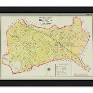 May include: A vintage map of Brighton, Ward 25, City of Boston. The map is outlined in red and shows the different neighborhoods and streets within the ward. The map is labeled with the names of the streets and neighborhoods, as well as the numbers of the different sections of the ward.