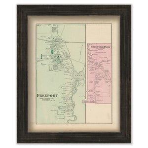 May include: An antique map of Freeport, Maine, and Greenwich Point, Maine, printed in black and white with green and pink accents. The map shows the layout of the towns with streets, buildings, and waterways. The title "Freeport" is printed in the lower left corner, and "Greenwich Point" is printed in the upper right corner.
