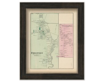 Freeport and Greenwich Point Villages, Hempstead, New York 1873 Map, Replica and GENUINE ORIGINAL