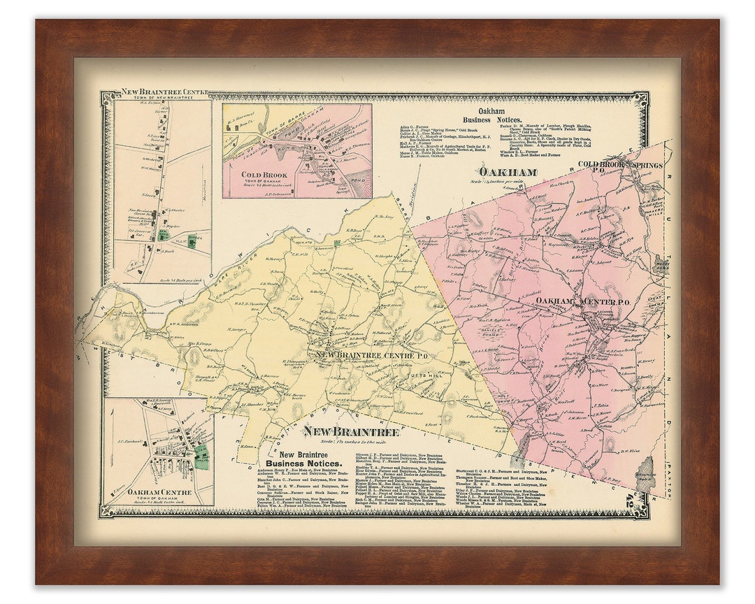 Towns of NEW BRAINTREE and OAKHAM, Massachusetts 1870 Map Etsy