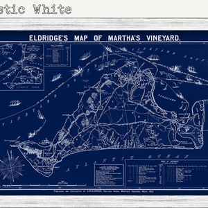 May include: A vintage, blue and white map of Martha's Vineyard, Massachusetts. The map is titled "Eldridge's Map of Martha's Vineyard." and includes a table of distances and a key to the map's symbols.