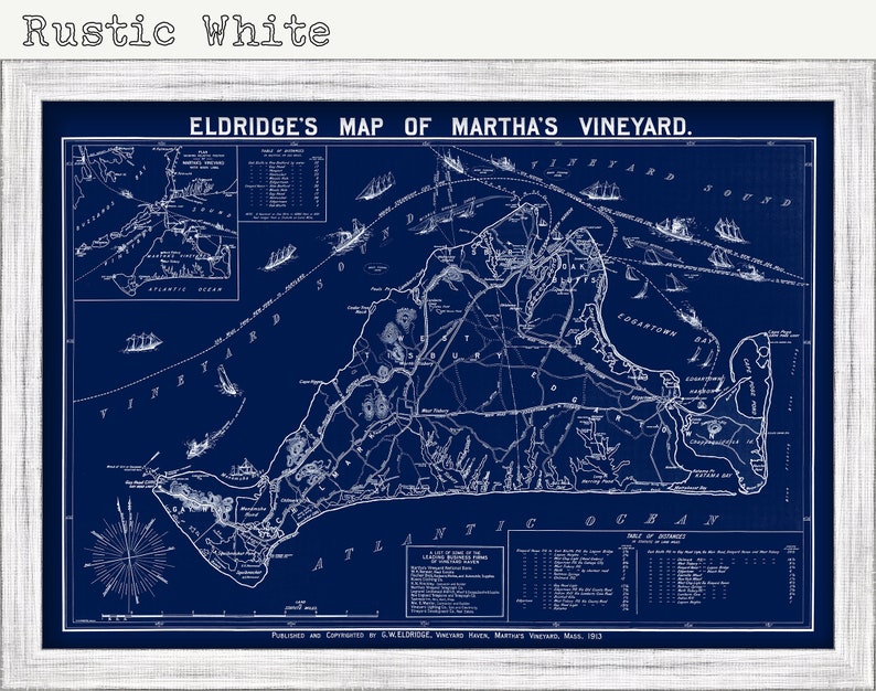 May include: A vintage, blue and white map of Martha's Vineyard, Massachusetts. The map is titled "Eldridge's Map of Martha's Vineyard." and includes a table of distances and a key to the map's symbols.
