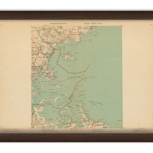 May include: Framed vintage map of Massachusetts, Atlas Plate No. 3, featuring Boston Bay. The map is in shades of green, beige, and brown, with detailed coastlines and place names. The frame is dark brown.