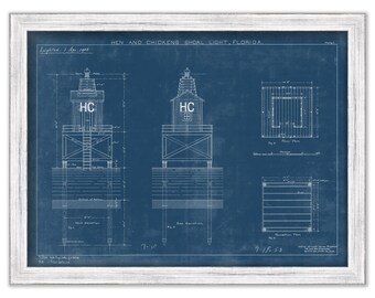 HENS and CHICKEN SHOAL Lighthouse, Plantation Key, Florida  - Blueprint Drawing and Plan of the Lighthouse as it was in 1908.