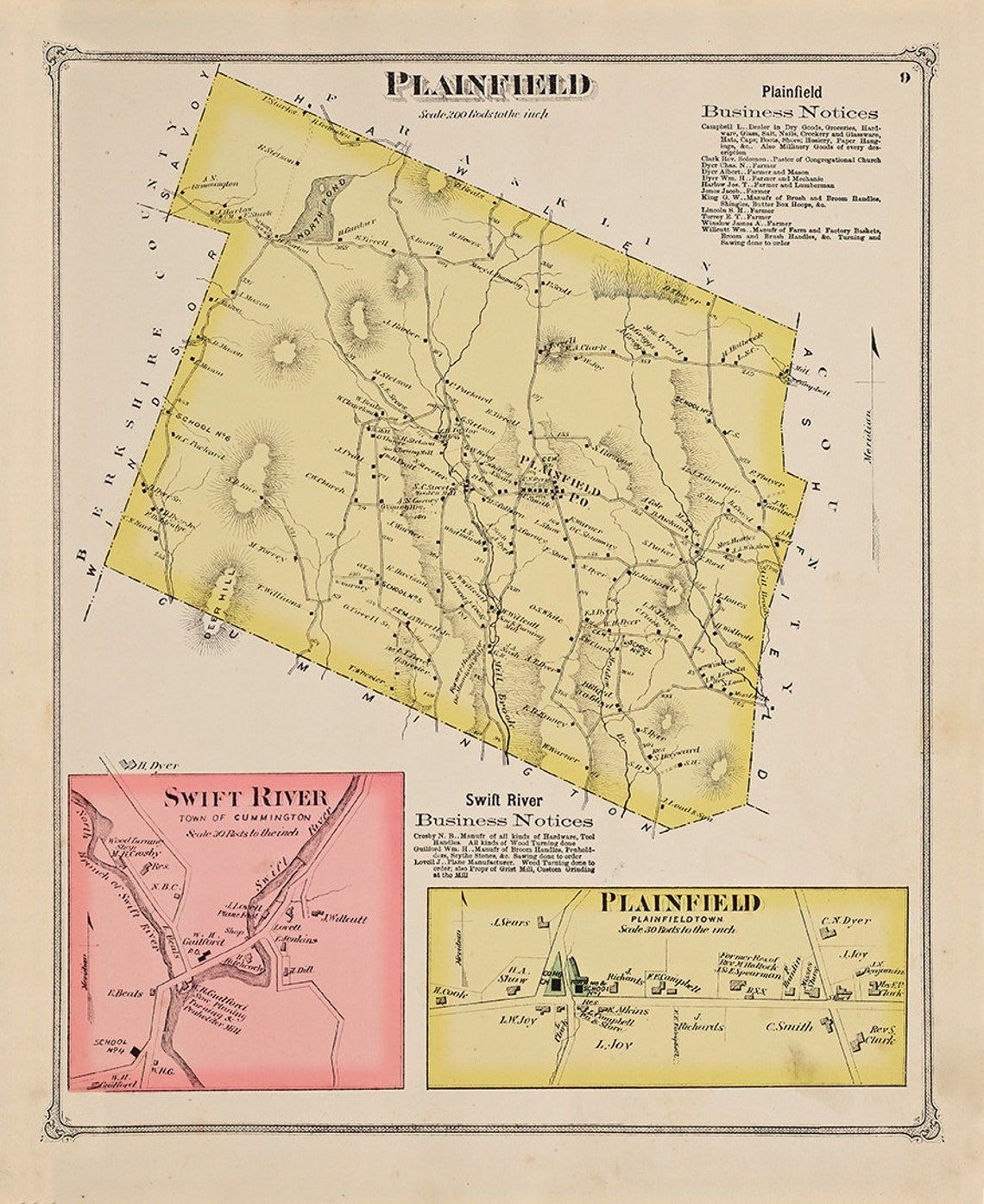 Town of PLAINFIELD Massachusetts 1873 Map Etsy
