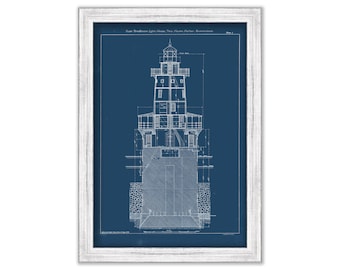 New Haven OUTER BREAKWATER LIGHTHOUSE, Connecticut - Blueprint Drawing and Plan of the Lighthouse as it was in 1898.