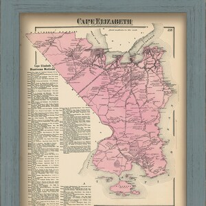 May include: An antique map of Cape Elizabeth, Maine, printed in black and white with pink highlights. The map shows roads, towns, and bodies of water. The title "Cape Elizabeth" is printed in a decorative font at the top of the map. The map is framed in a light blue frame.