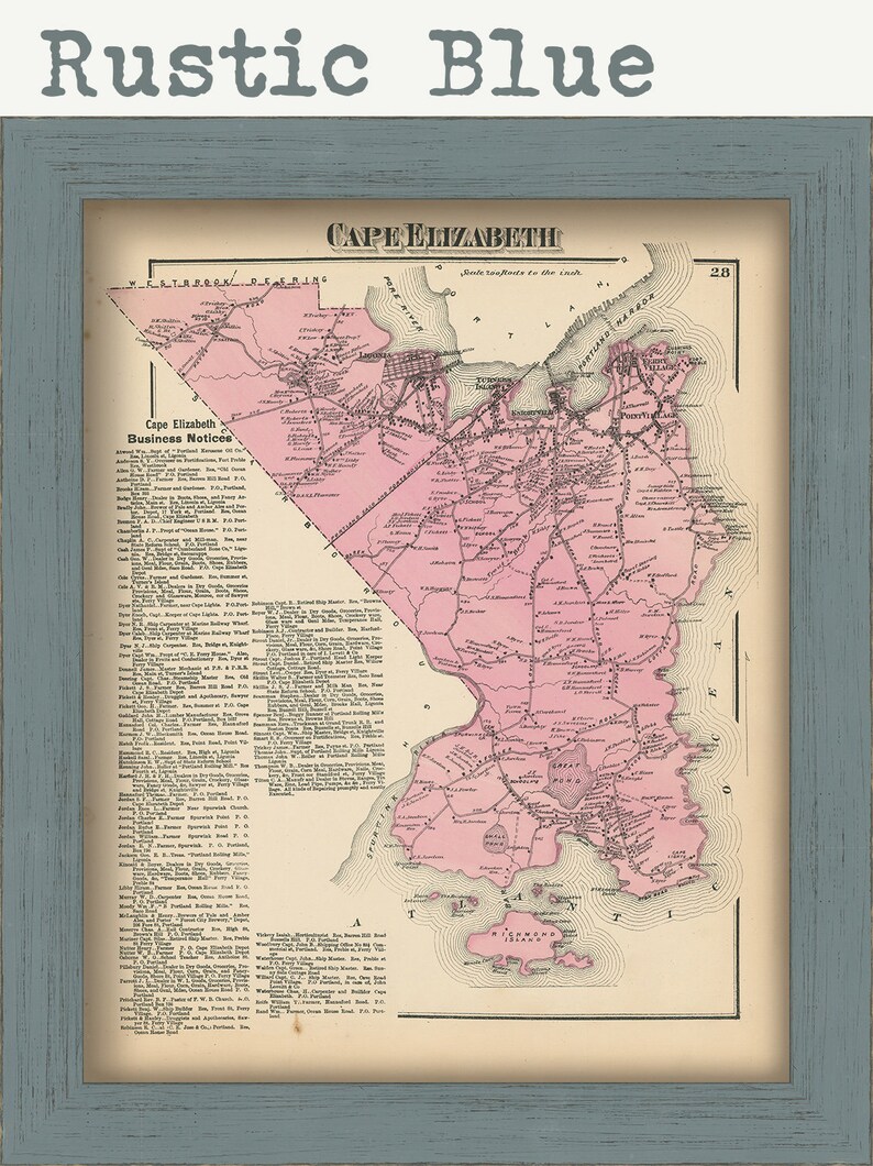 May include: An antique map of Cape Elizabeth, Maine, printed in black and white with pink highlights. The map shows roads, towns, and bodies of water. The title "Cape Elizabeth" is printed in a decorative font at the top of the map. The map is framed in a light blue frame.