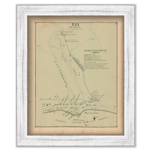 May include: A vintage map of the Ely Copper Mining Company in Vermont. The map shows the location of the mine, the surrounding area, and the various buildings and structures that were part of the operation. The map is printed in black and white on a cream-colored paper.