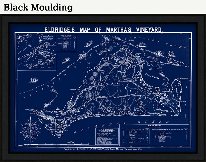 May include: A vintage map of Martha's Vineyard, printed in white on a dark blue background. The map shows the island's coastline, towns, and roads. The title "Eldridge's Map of Martha's Vineyard" is printed at the top of the map.