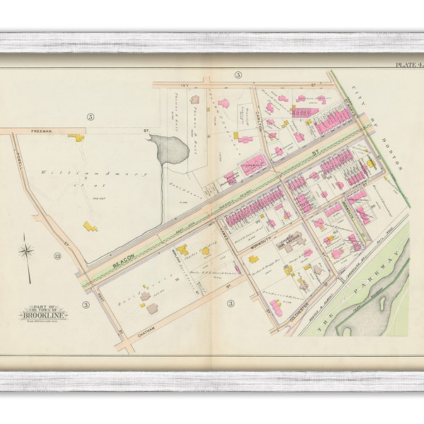 BROOKLINE, Massachusetts 1900 map, Plate 4 - Beacon St, Amory St, Carlton St - Replica or GENUINE ORIGINAL