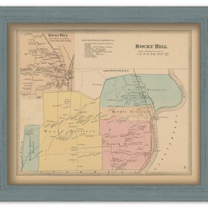 May include: An antique map of Rocky Hill, Connecticut, showing the different districts of the town. The map is divided into four sections: North, Middle, South, and West. The map is printed on paper and has a light brown background. The map is framed in a light blue frame.