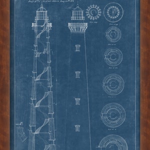 May include: A blueprint drawing of a lighthouse with a spiral staircase. The drawing is on a blue background with the text "Project for a new light house at Hatteras, Submitted with letter in d&atilde;: N. J. Harman, Eng't. 5-414-1622"