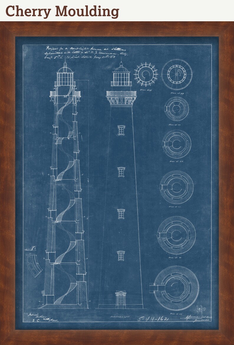 May include: A blueprint drawing of a lighthouse with a spiral staircase. The drawing is on a blue background with the text "Project for a new light house at Hatteras, Submitted with letter in d&atilde;: N. J. Harman, Eng't. 5-414-1622"