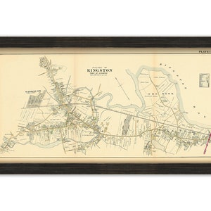May include: An antique map of Kingston, New York, from 1887. The map shows the streets, buildings, and landmarks of the city. The map is in black and white and has a vintage look.
