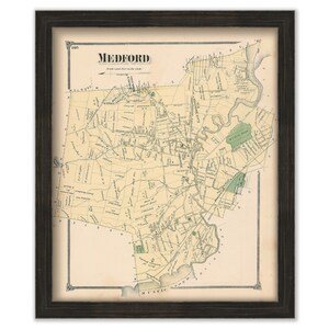 May include: An antique map of Medford, Massachusetts, printed in 1865. The map shows the streets, parks, and other features of the city. The map is in a black frame.