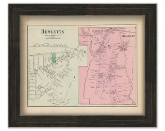 Hewletts, Baldwins and Millburn Villages, Hempstead, New York 1873 Map, Replica and GENUINE ORIGINAL