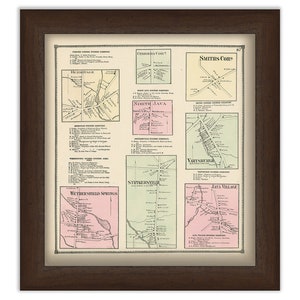 May include: A vintage map of various towns in New York State, including Smiths Cors, North Java, Wethersfield Springs, and Java Village. The map is printed in black and white with colored accents, and includes a key with numbered locations.
