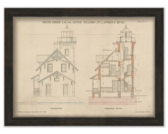 SISTER ISLANDS LIGHTHOUSE, Saint Lawerance River, New York  -  Drawing and Plan of the Lighthouse as it was in 1869.