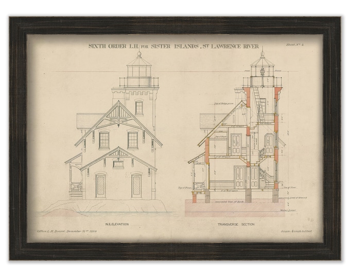 SISTER ISLANDS LIGHTHOUSE, Saint Lawerance River, New York  -  Drawing and Plan of the Lighthouse as it was in 1869.
