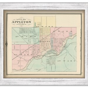 May include: A vintage map of Appleton, Wisconsin, showing the city's layout with different colored wards. The map is titled "City of Appleton, Outagamie Co."