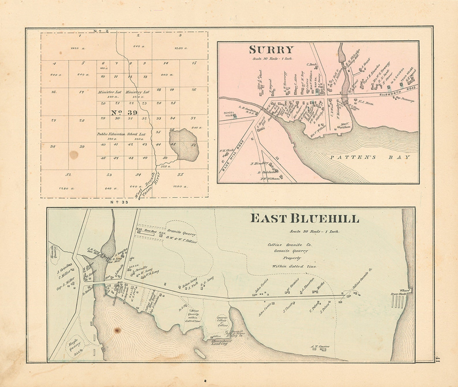 SURRY and EAST BLUEHILL Maine 1881 Map Replica or Genuine Etsy UK