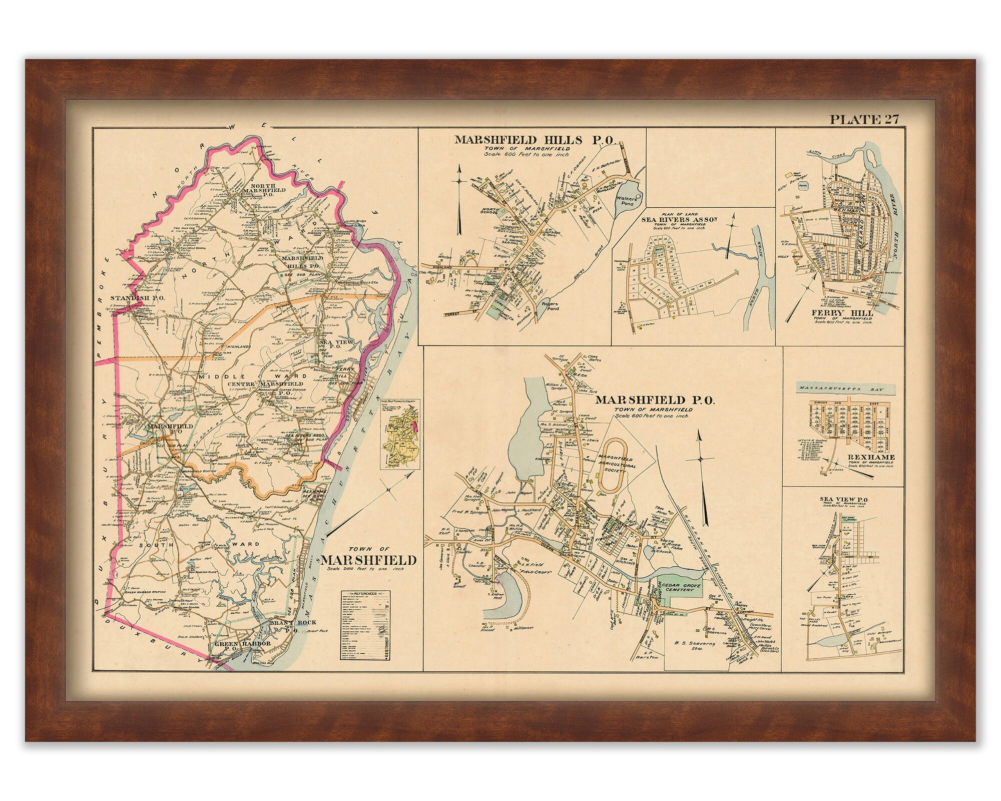 MARSHFIELD Town & Villages Massachusetts 1903 Map Colored Etsy
