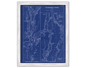 KENNEBEC RIVER, Maine - 1909 Nautical Chart Blueprint by Geo. Eldridge
