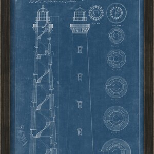 May include: A blueprint drawing of a lighthouse with a spiral staircase. The drawing is on a blue background with white lines. The text on the drawing reads "Project for a Lighthouse at Hatteras, Submitted with letter on Dec. 17, 1873, Dept. 5-14, Dist. dated January 21, 1873, 5-44-1622".