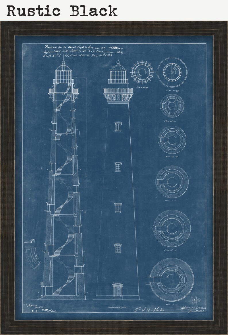 May include: A blueprint drawing of a lighthouse with a spiral staircase. The drawing is on a blue background with white lines. The text on the drawing reads "Project for a Lighthouse at Hatteras, Submitted with letter on Dec. 17, 1873, Dept. 5-14, Dist. dated January 21, 1873, 5-44-1622".