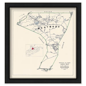 May include: An antique map of Westwood, Massachusetts, showing the town's roads, streets, and landmarks. The map is printed on cream-colored paper with black and green lines. The title "Westwood" is printed in bold black letters at the top of the map. The map is framed in a black frame.