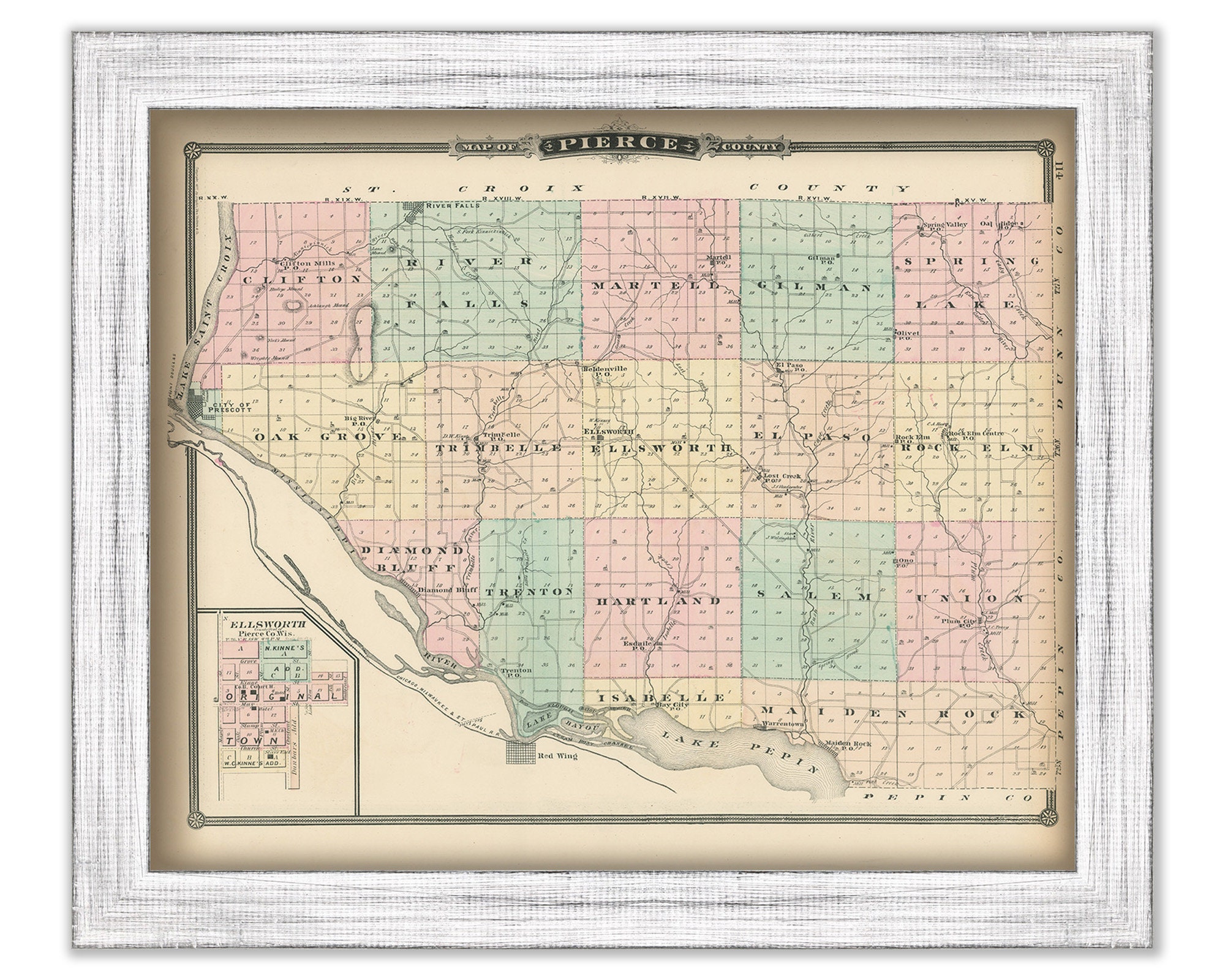 PIERCE COUNTY, Wisconsin 1878 Map, Replica or Genuine Original