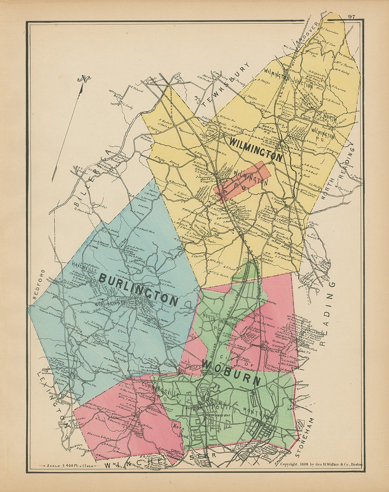 WILMINGTON BURLINGTON and WOBURN Massachusetts 1889 Map Etsy