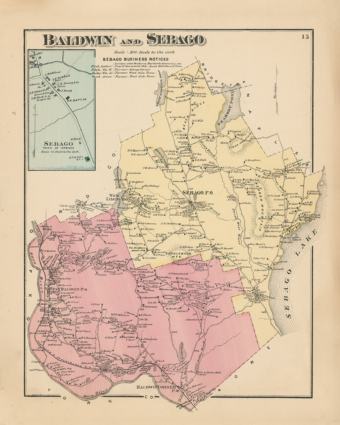 SEBAGO and BALDWIN Maine 1871 Map Replica or Genuine Etsy