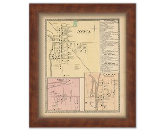 Villages of AVOCA, SONORA and KANONA, New York 1873 Map, Replica or Genuine Original