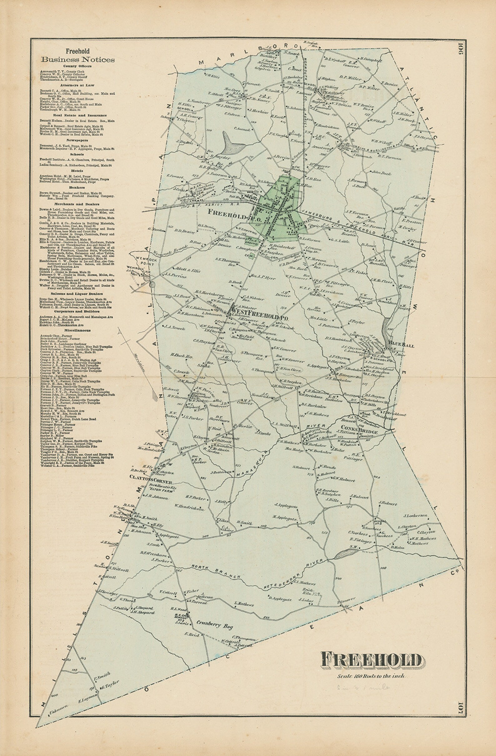 FREEHOLD New Jersey 1873 Map Replica or Genuine ORIGINAL Etsy