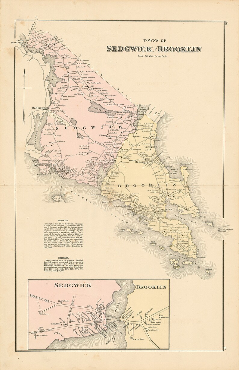 SEDGWICK and BROOKLIN Maine 1881 Map Replica or Genuine Etsy
