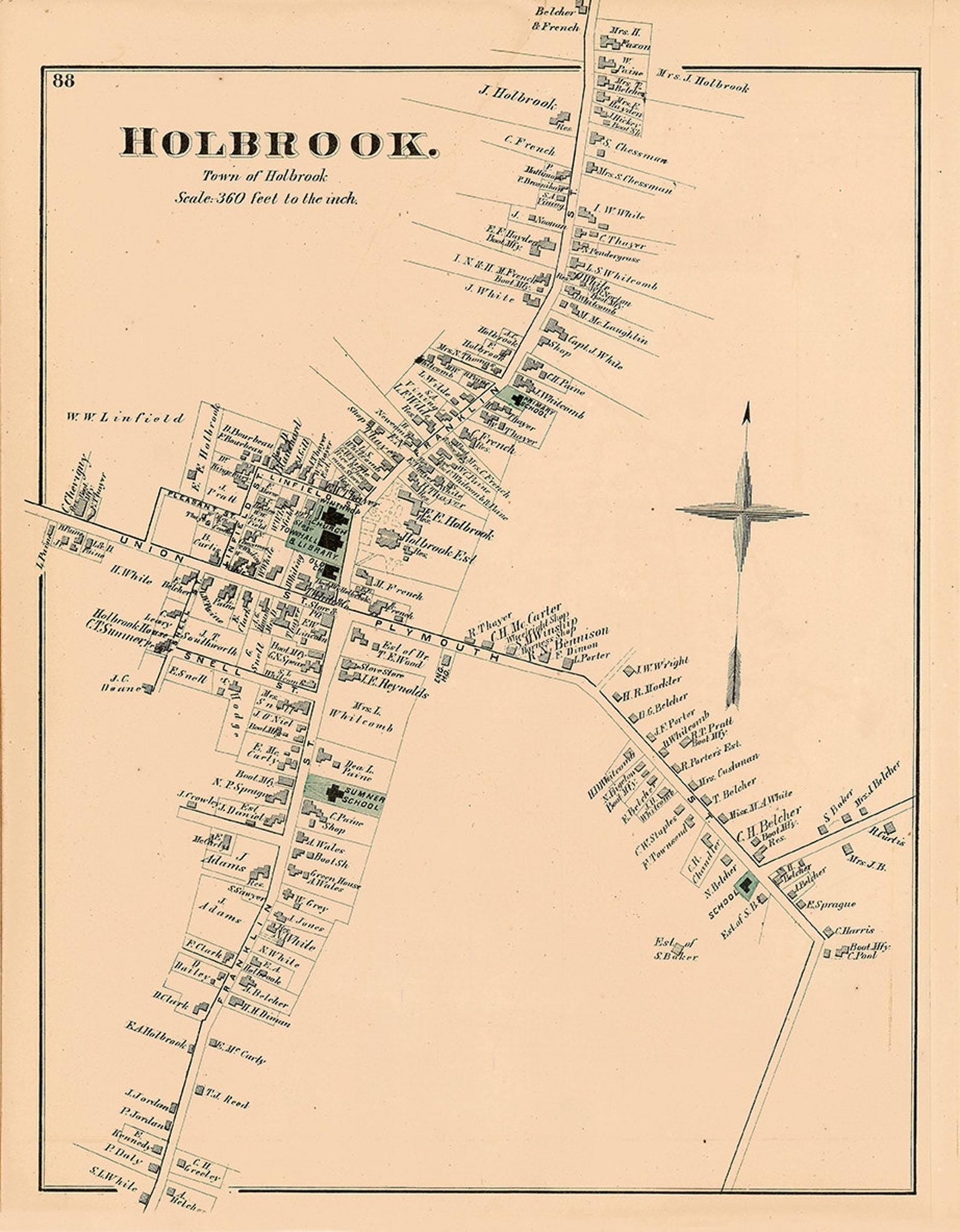 Village of HOLBROOK Massachusetts 1876 Map Replica or Etsy