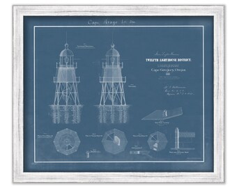 CAPE ARGO LIGHTHOUSE, Coos Bay, Oregon  -  Blueprint Drawing and Plan of the Lighthouse as it was in 1866.