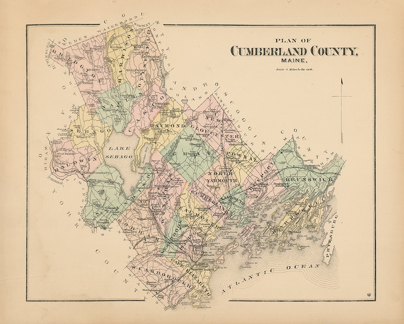 May include: A vintage map of Cumberland County, Maine, showing the towns and cities within the county. The map is in shades of pink, yellow, green, and blue. The map includes the text "PLAN OF CUMBERLAND COUNTY, MAINE."