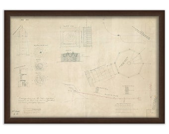 NEWPORT HARBOR LIGHTHOUSE, aka Goat Island Lighthouse, Newport, Rhode Island - Drawing and Plan of the Lighthouse as it was in 1843