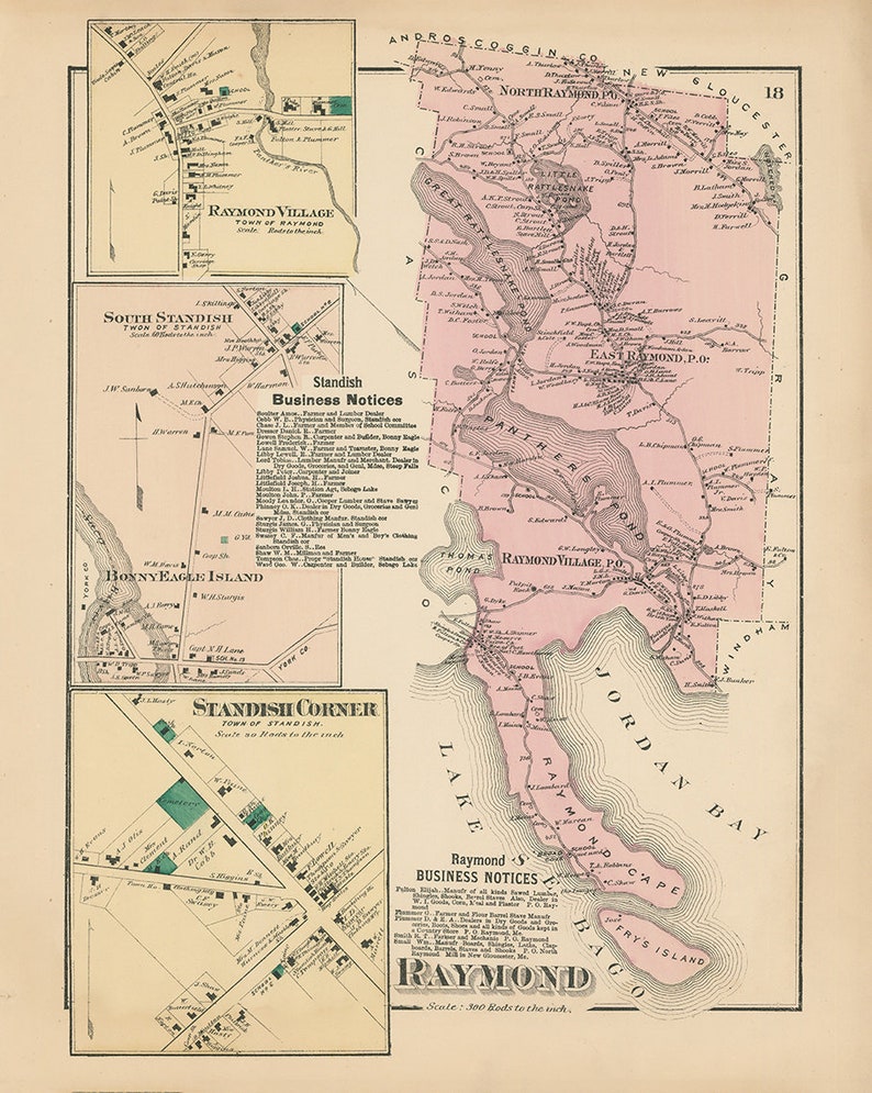 RAYMOND Maine 1871 Map Replica or Genuine ORIGINAL Etsy