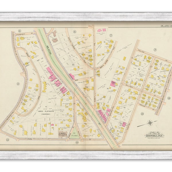 BROOKLINE, Massachusetts 1900 map, Plate 12 - Beacon St, Washington St, Park Street - Replica or GENUINE ORIGINAL