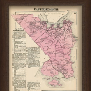 May include: A vintage map of Cape Elizabeth, Maine, printed in black and white with pink highlights. The map shows roads, towns, and landmarks. The text "Cape Elizabeth Business Notices" is printed in the upper left corner.
